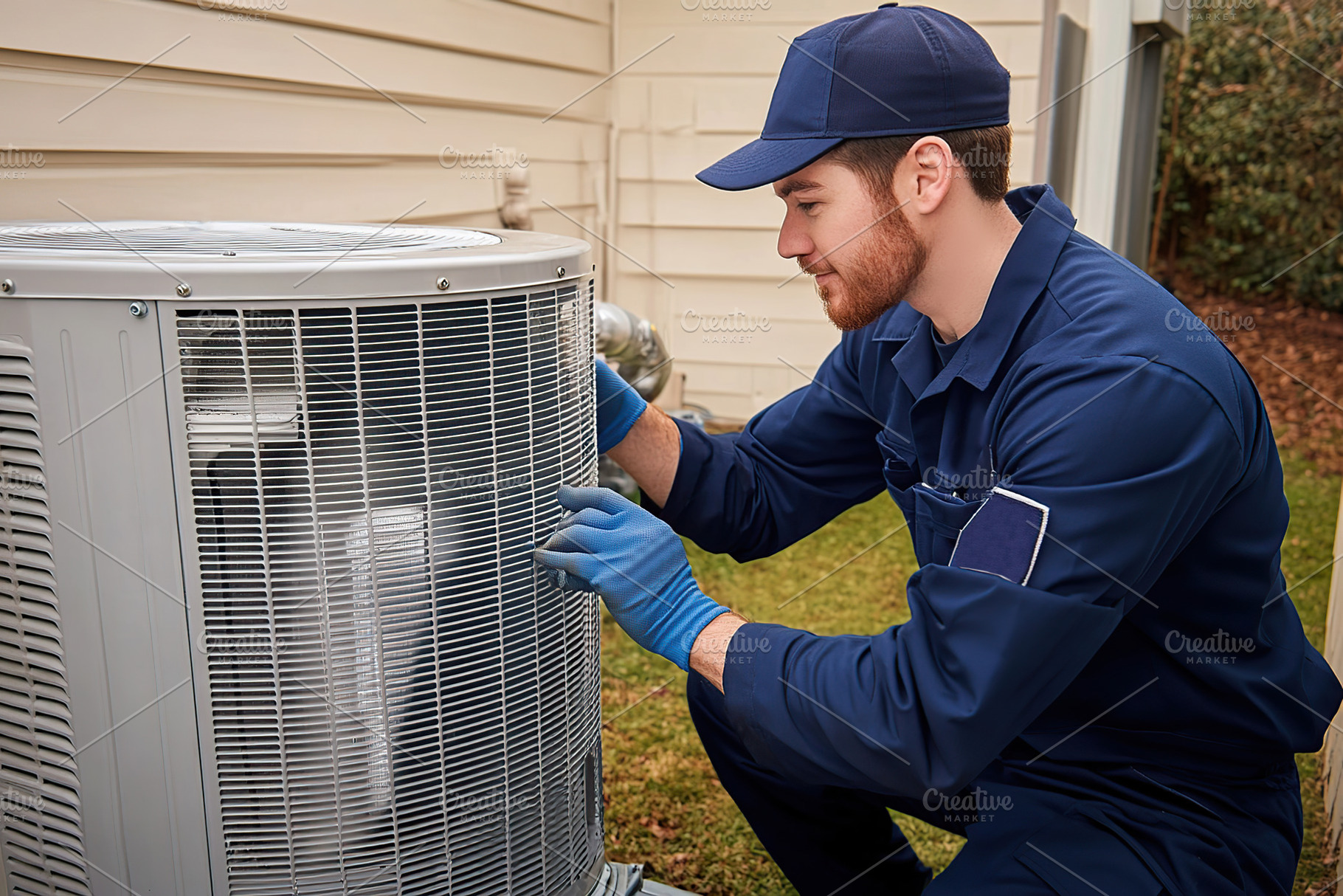 Technician checking air conditioner near the house, an Industrial Photo by AlyaAnd