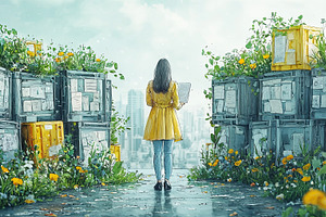 Woman admiring rooftop garden with plants among urban industrial containers, a Photo by AS photostudio