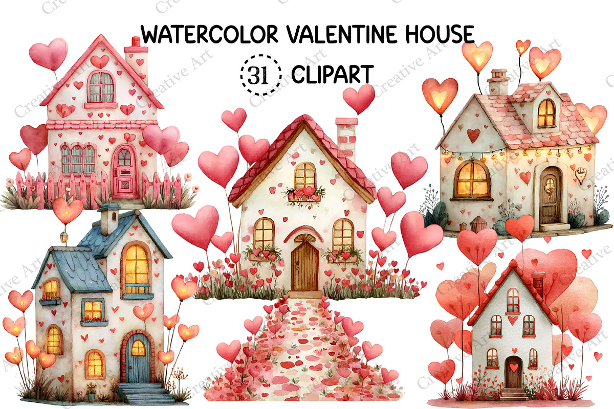 Watercolor Valentine House Clipart, an Illustration by Creative Art (Photo 1 of 9)