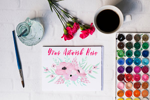 Watercolor, Coffee, & Flowers Mockup