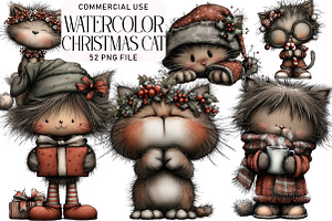 Watercolor Christmas Cat Clipart, an Illustration by Daily.Designs