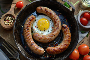 Tasty english breakfast with sausages on pan, a Food & Drink Photo by AlyaAnd