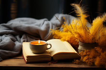 Cozy Reading Nook with Candle and Bo, a School & Education Photo by Perpis