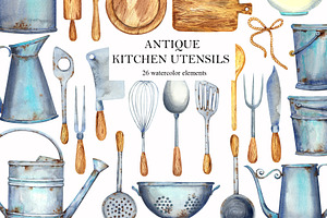 Watercolor ANTIQUE KITCHEN UTENSILS