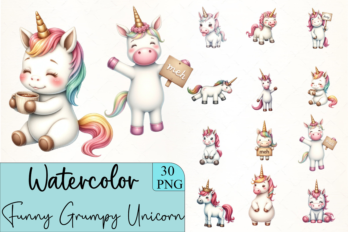 Funny Grumpy Unicorn Clipar, an Illustration by CrexoraLab (Photo 1 of 5)