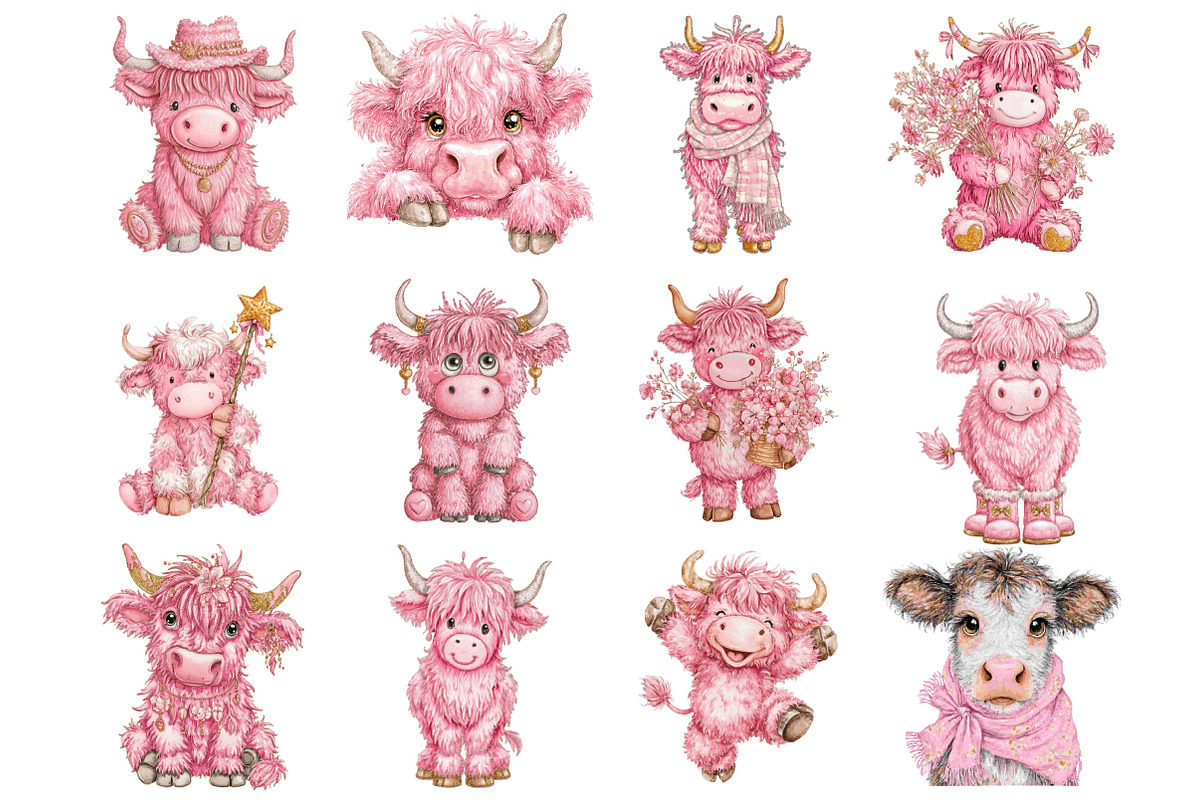 Whimsical Highland Cow Clipart, an Illustration by Designking (Photo 2 of 5)