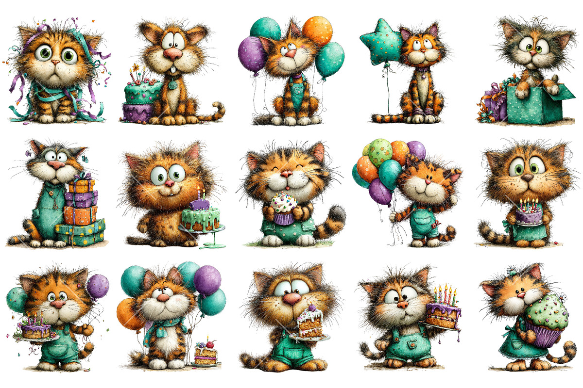 Whimsical Funny Birthday Cat Clipart, an Illustration by OK Design (Photo 3 of 6)