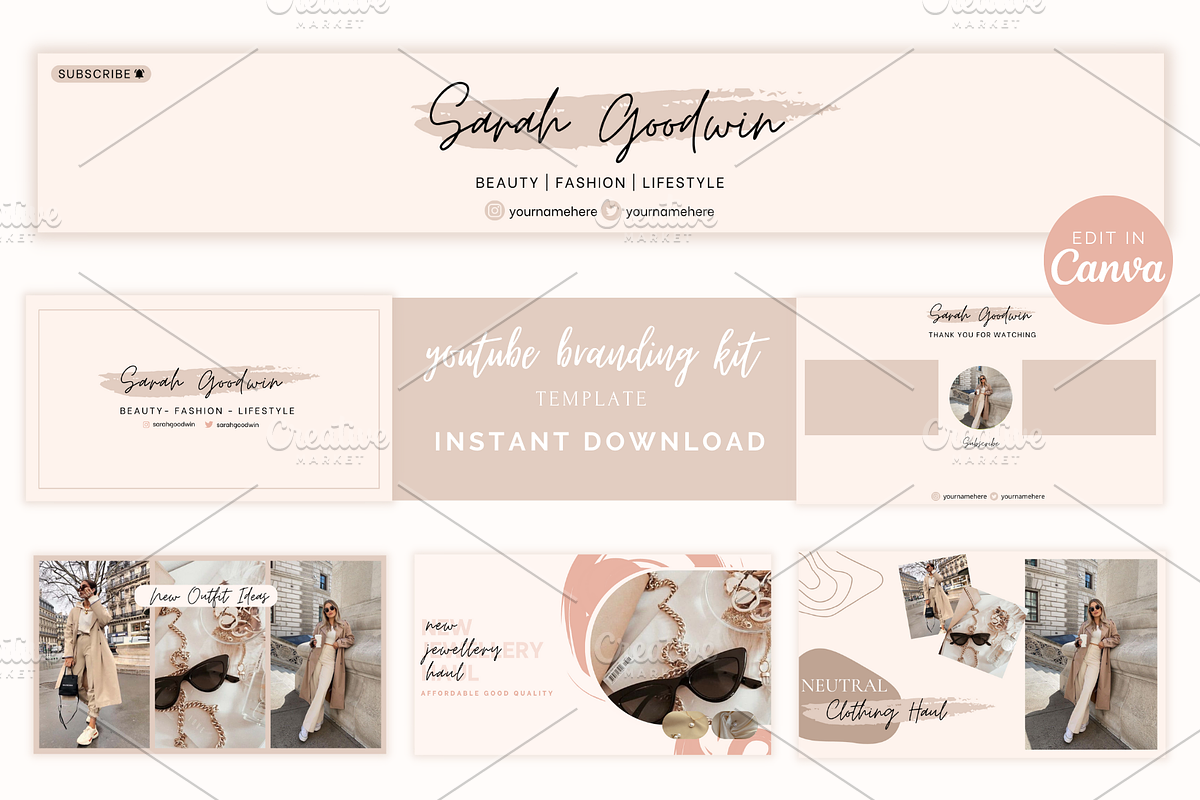 Beige Canva Youtube Branding Kit, a Social Media Template by Studio Eburnean (Photo 1 of 5)