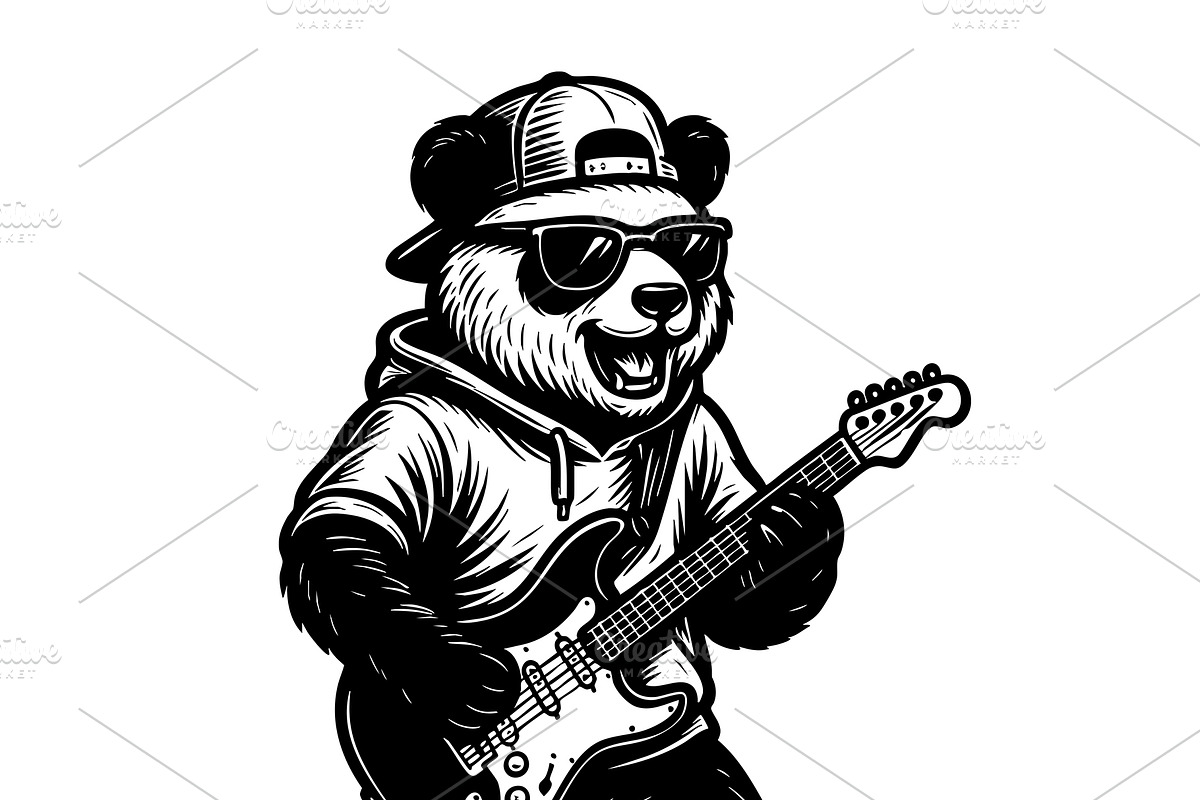 Cool bear playing electric guitar., an Animal Illustration by yod67