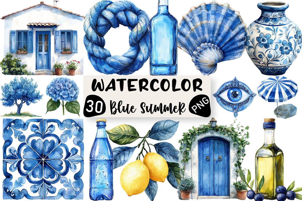 Blue Summer Mediterranean Clipart, an Illustration by Black Bird Studio (Photo 1 of 6)