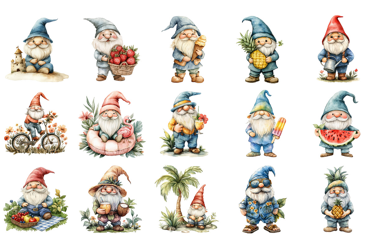 Summer Gnome Clipart PNG Bundle, an Illustration by Designking (Photo 3 of 5)