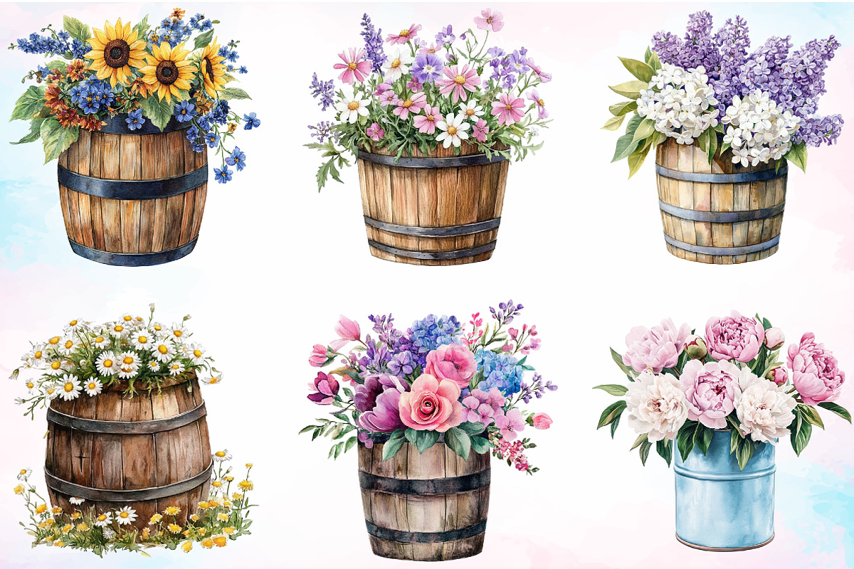Watercolor Floral Barrel Clipart PNG, an Illustration by Canvas Craft (Photo 2 of 4)