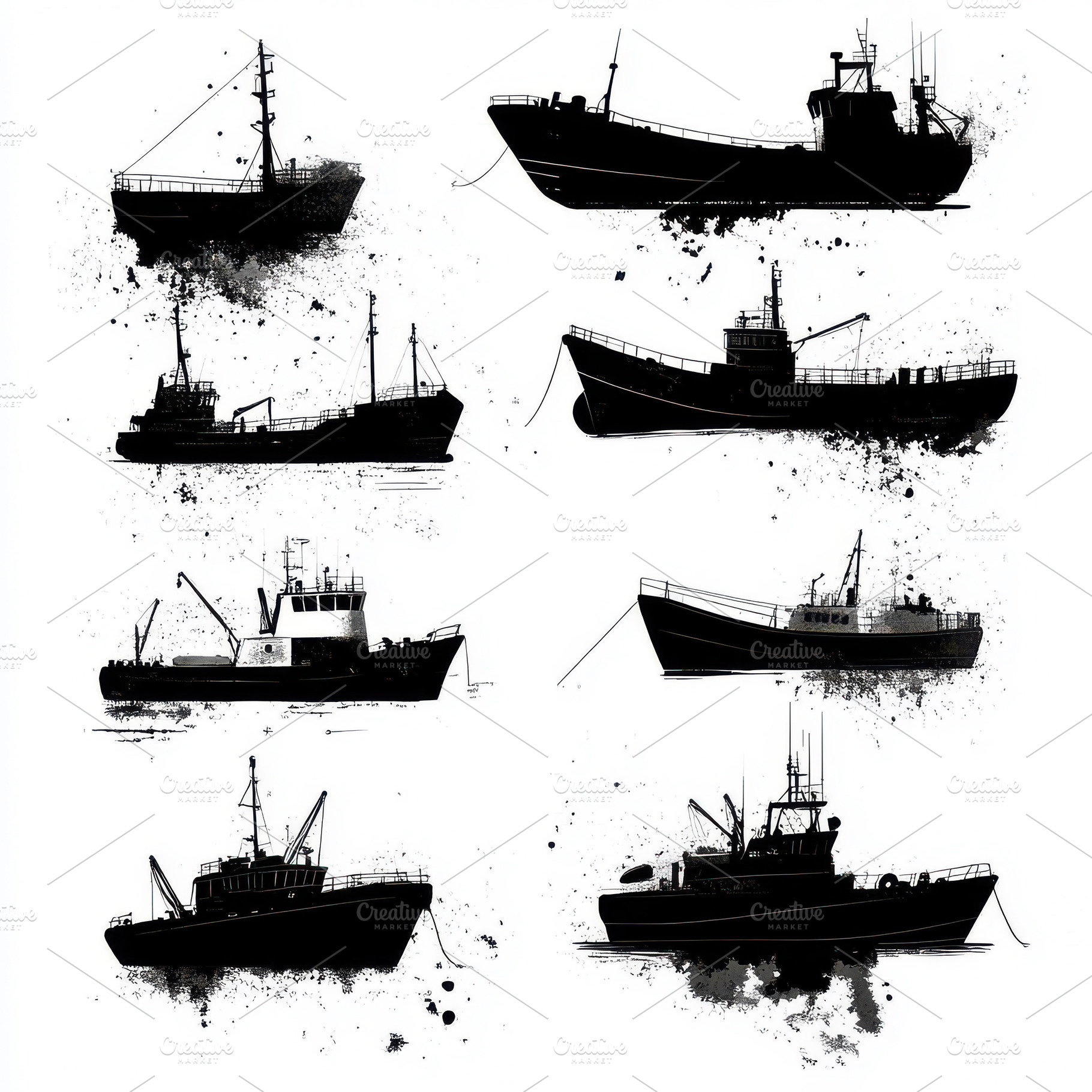 Six Black Silhouettes of Fishing Boa, an Abstract Photo by Pixeness