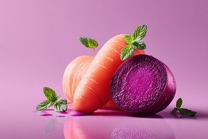 Colorful carrots with mint on pink background, a Food & Drink Photo by AlyaAnd