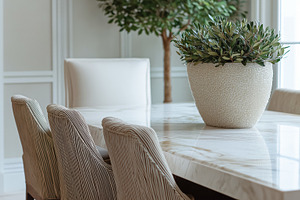 Dining room showcasing contemporary interior design with a sleek marble table,, an Architecture Photo by Studio ANNA
