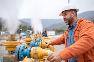 Man operating valves at a gas facility, an Industrial Photo by AlyaAnd