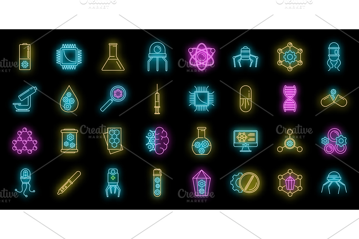 Nanotechnology science icons set, an Illustration by Ylivdesign
