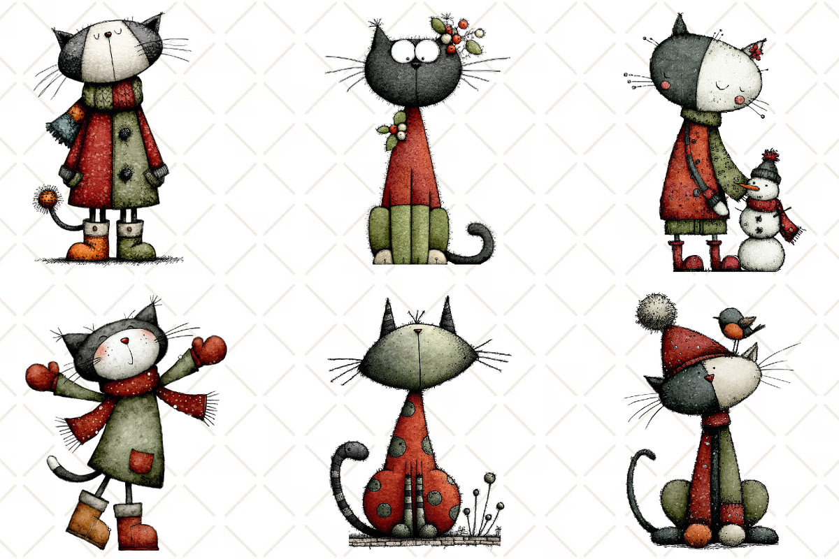 Whimsical Christmas Cats Clipart PNG, an Animal Illustration by Black Bird Studio (Photo 3 of 5)