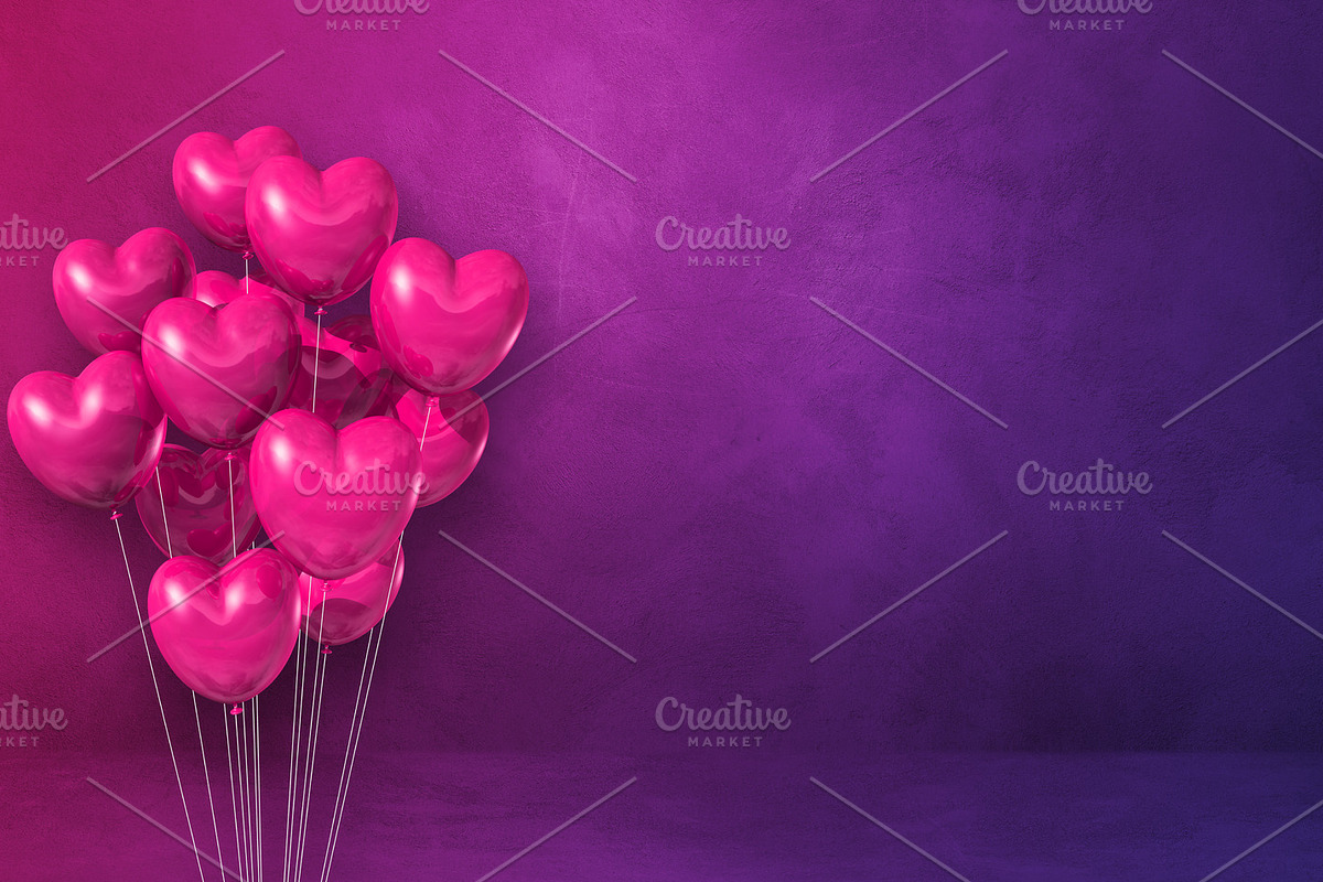 Pink heart shape balloons bunch on a purple wall background. Hor, a ...
