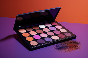 Makeup eyeshadow palette with mirror on colorful background. Cosmetic products, a Beauty & Fashion Photo by AlyaAnd