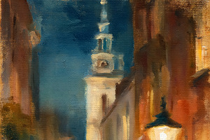 Oil painting depicting a charming old town street scene at dusk, with glowing l, an Illustration by Studio ANNA
