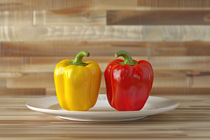Ripe colorful peppers on wooden table, a Food & Drink Photo by AlyaAnd
