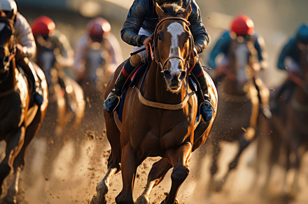 Horse racing at high speed on a sunn, an Animal Photo by Perpis