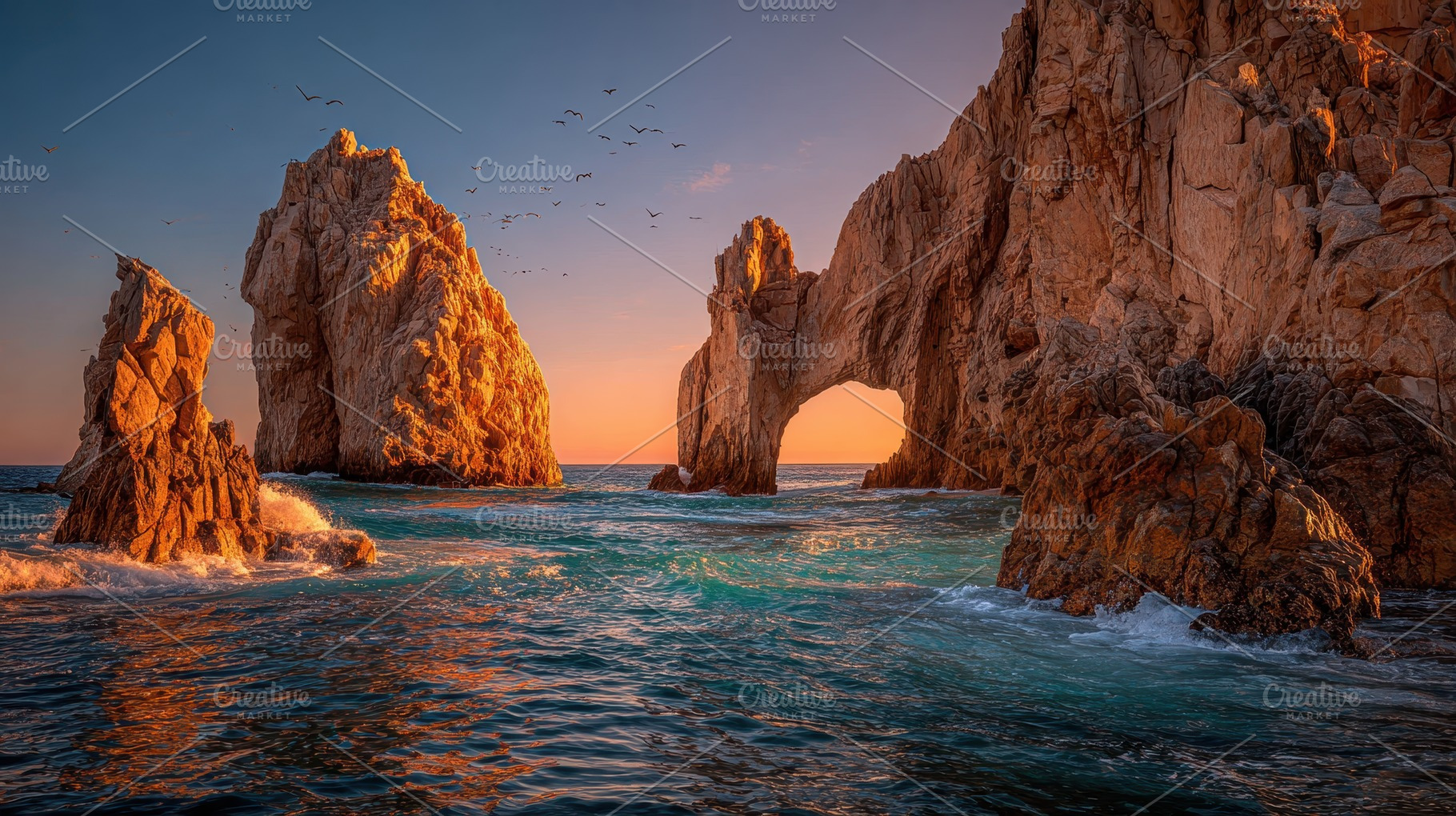 Sunset at El Arco Cabo San Lucas roc, an Abstract Photo by Pixeness Studio