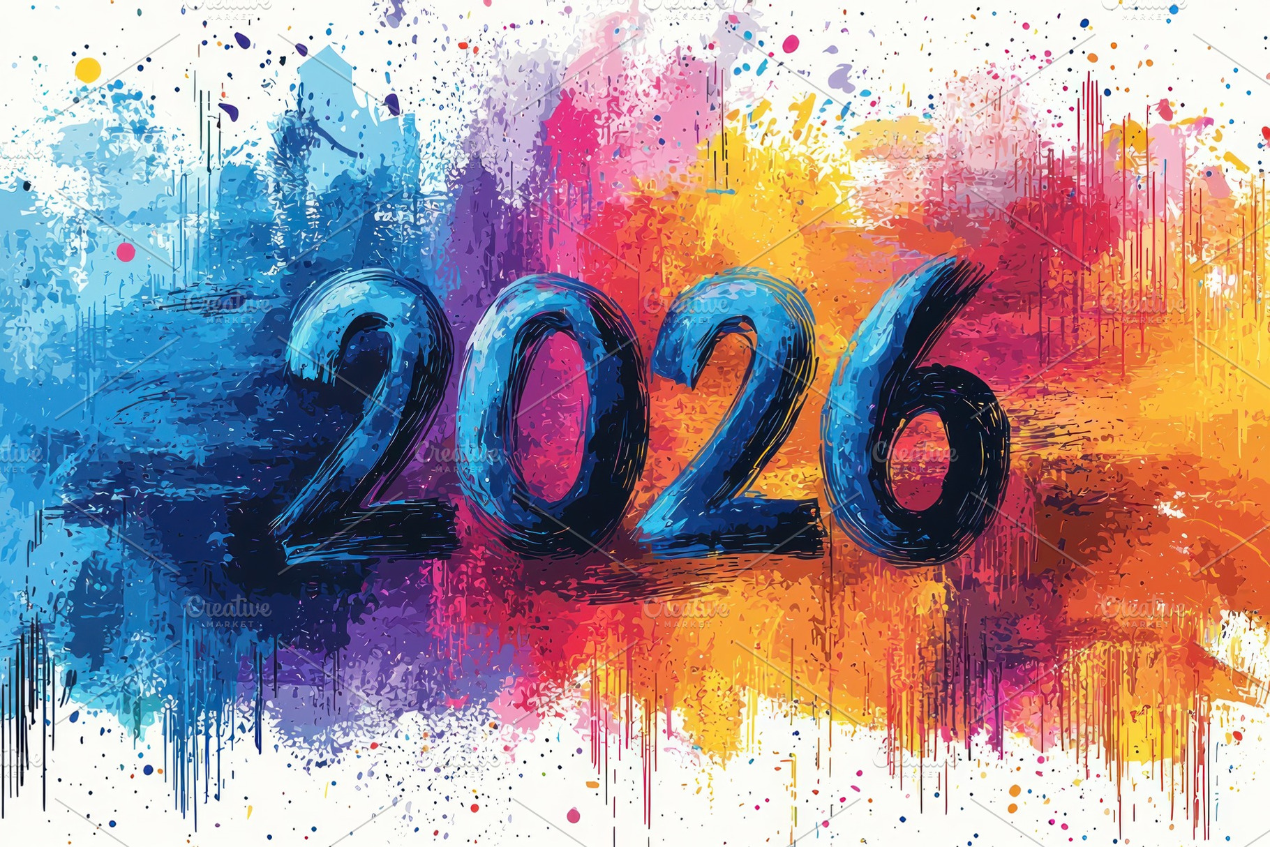 Bold blue 2026 numbers over colorful splattered paint background, a Background Photo by José Manuel Gelpi