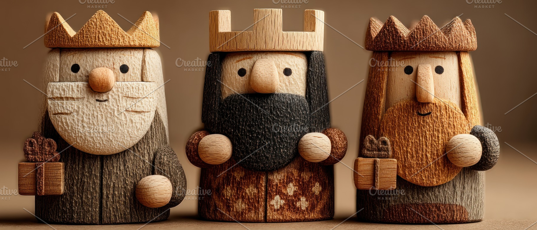 Handcrafted wooden Three Wise Men figurines with gifts, carved a, a Holiday Photo by José Manuel Gelpi