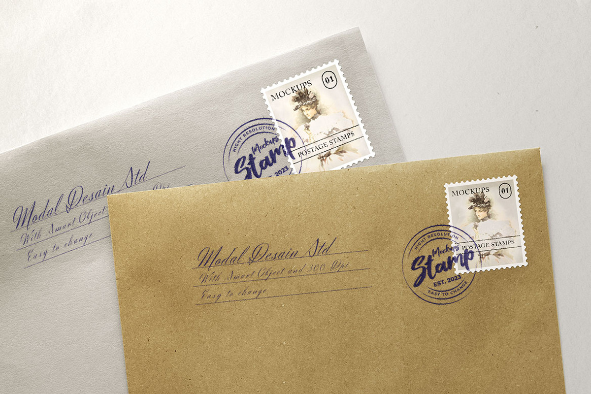 Stamp and Postage Stamp Mockup, a Books & Magazine Mockup by Artlogs x Modaldesain (Photo 4 of 4)