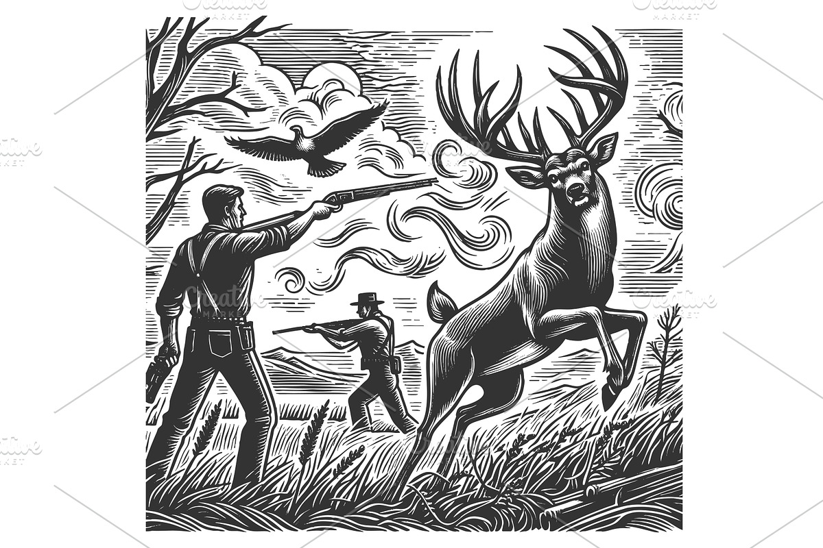 Hunters Aiming at Deer in Wilderness, a Person Illustration by AlexArt