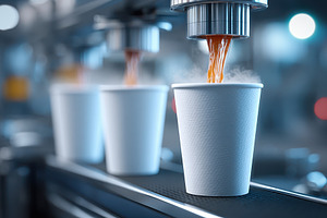 Filling paper cups with orange juice on production line, a Food & Drink Photo by AlyaAnd
