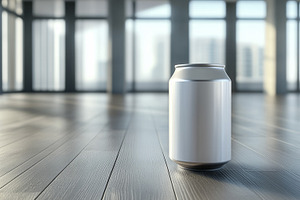 Aluminum can mockup on a sleek floor, a Food & Drink Photo by MistyDay