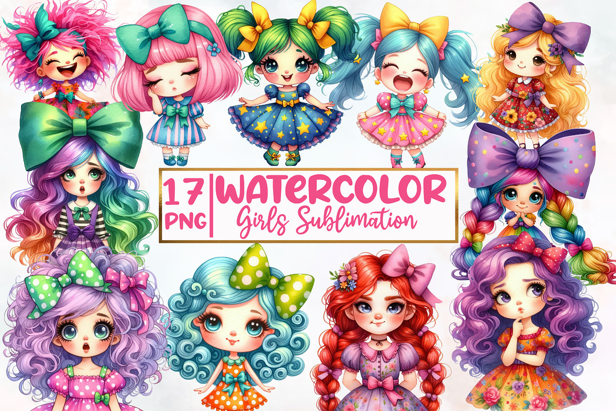 Watercolor Girls Sublimation Clipart, an Illustration by Designworld (Photo 1 of 5)
