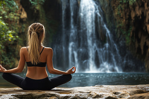 Woman meditating in front waterfall, a Sports & Recreation Photo by MistyDay