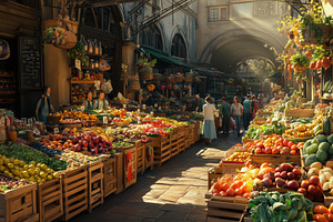 A vibrant market scene filled with colorful fruits and vegetables. Stalls are l, a Technology Photo by Textures & Backgrounds