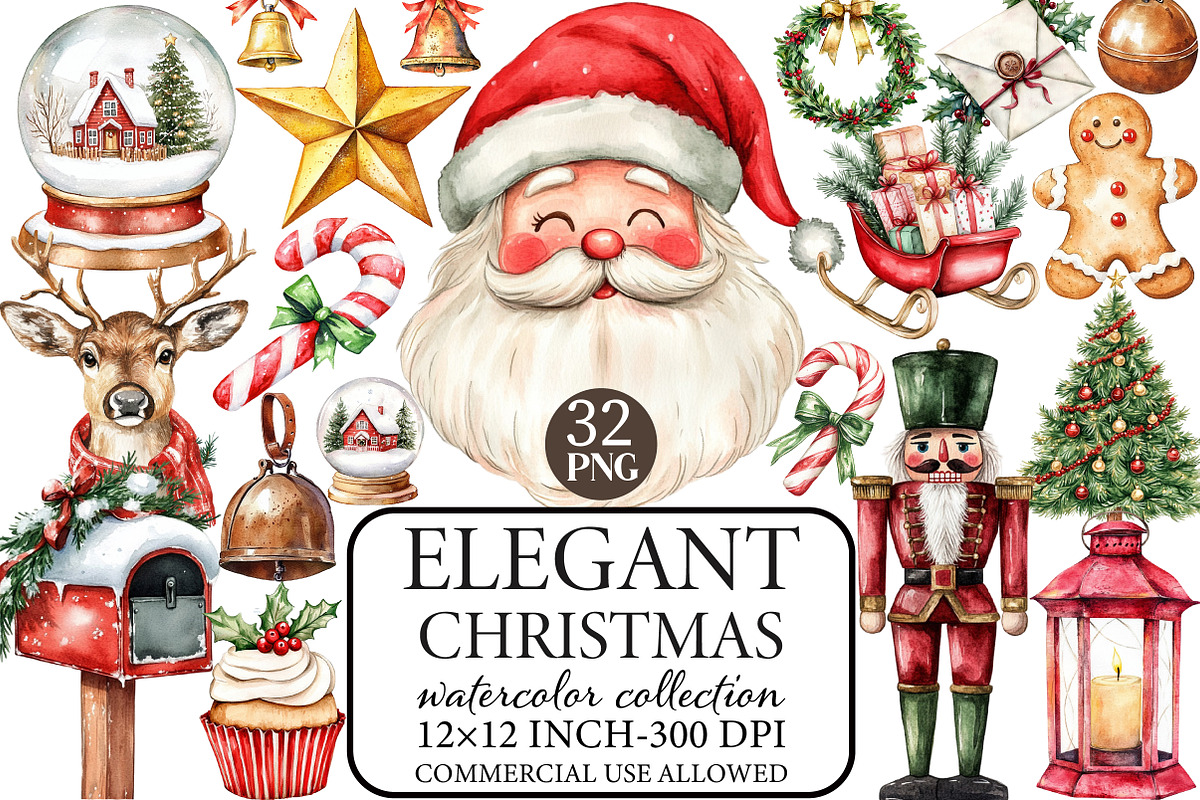 Watercolor Elegant Christmas Clipart, an Illustration by Libby Wishes (Photo 1 of 7)