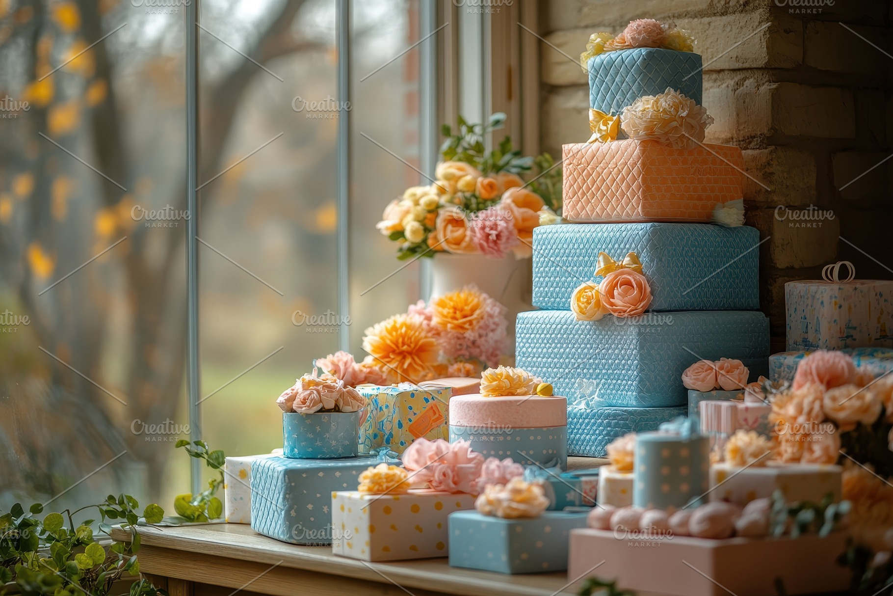 Colorful gift boxes and floral arran, a Photo by Tanuart