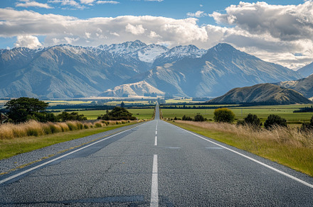 A long, straight highway leads throu, a Photo by Tanuart