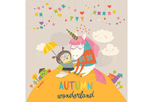 Cute Girl Hugging Unicorn. Autumn Wonderland