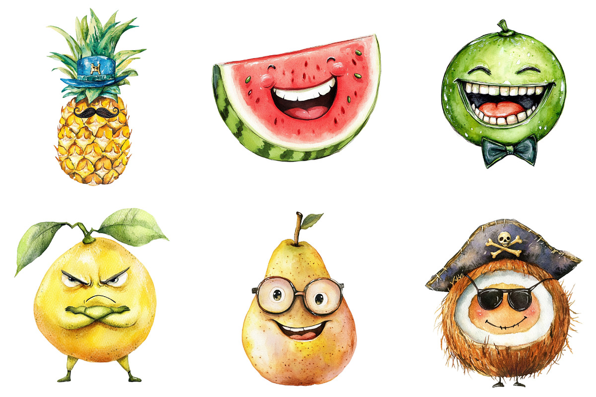 Funny Fruit Watercolor Clipart Bundl, an Illustration by DreamArtGraphic (Photo 4 of 4)