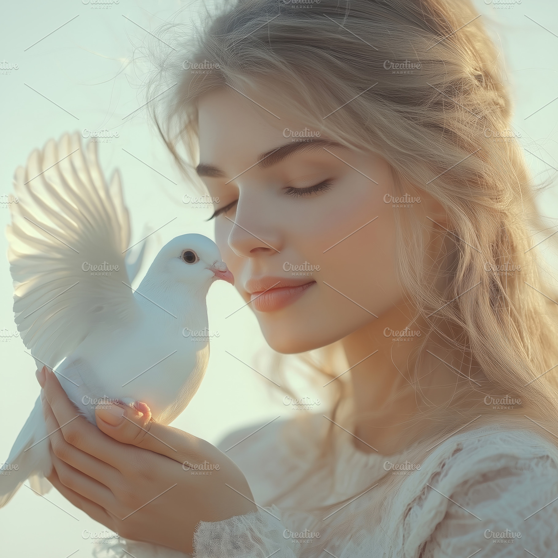 A serene moment: a young woman with light hair gently holds a white pigeon agai, a Person Photo by ImageMir