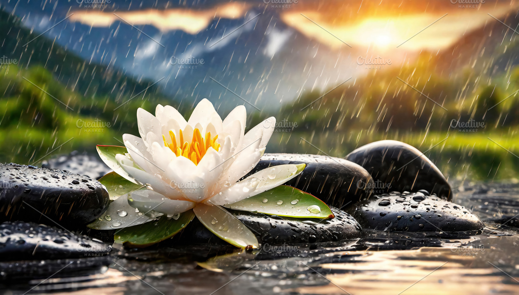 White Lotus Flower in Rain on Zen Stones, a Nature Photo by Davizro's Market