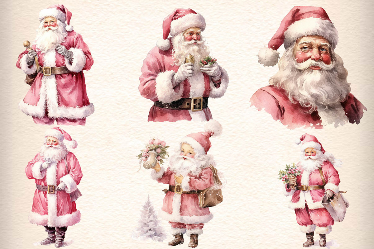 Vintage Christmas pink Santa clipart, an Illustration by CreationArt (Photo 2 of 4)