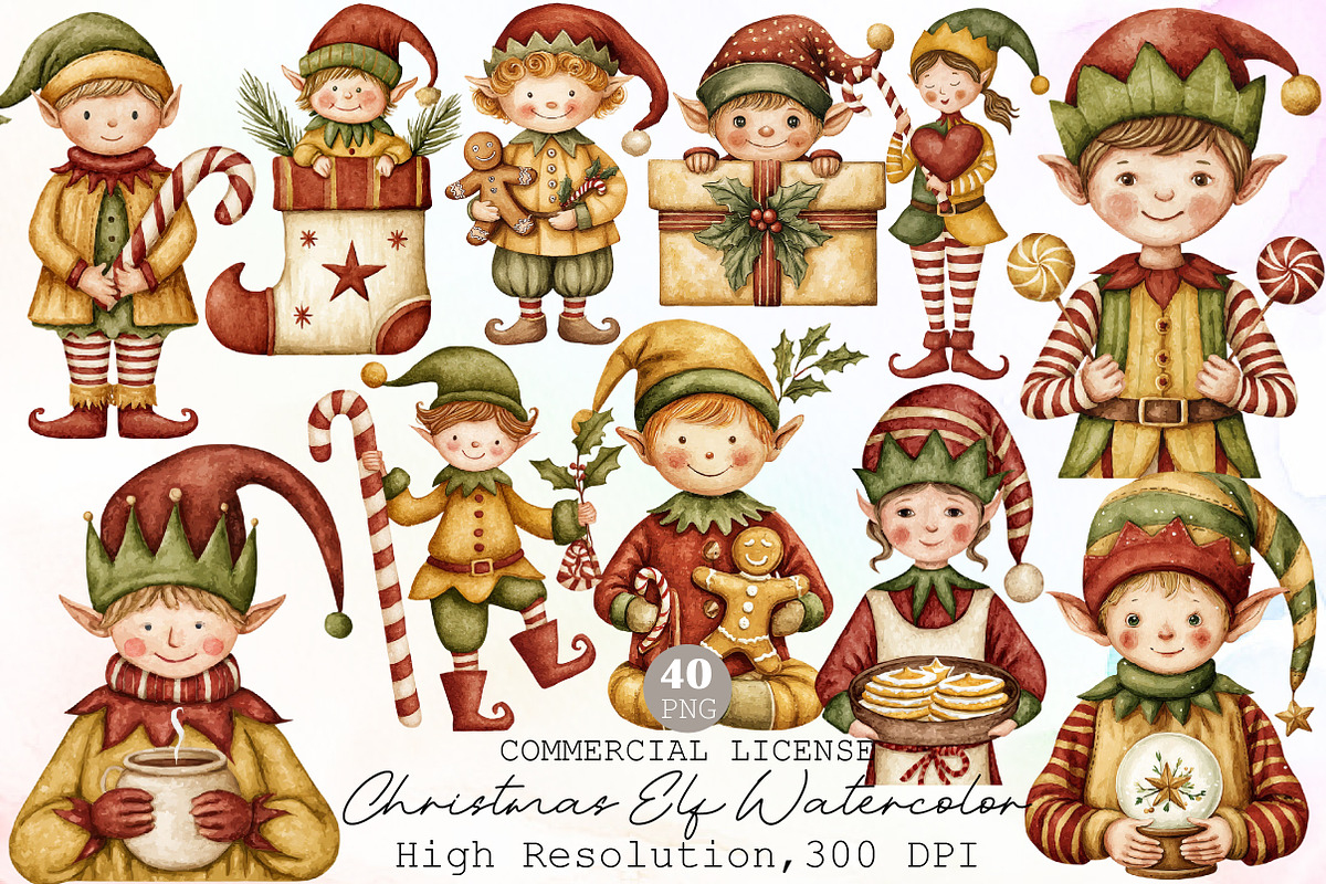 Christmas Elf Watercolor Clipart, an Illustration by Sublimation Artist (Photo 1 of 6)