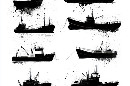Six Black Silhouettes of Fishing Boa, an Abstract Photo by Pixeness