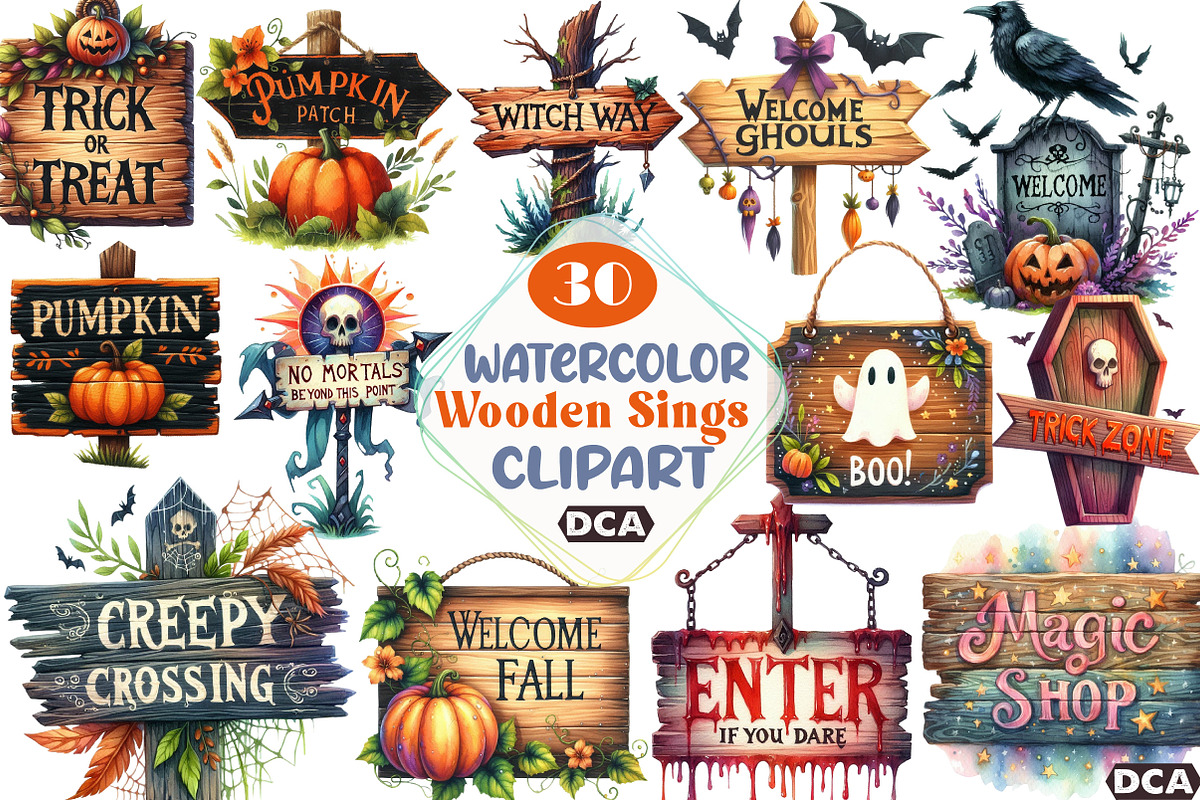 1Halloween Wooden Sings Clipart, an Illustration by DreamCafeArt (Photo 1 of 5)