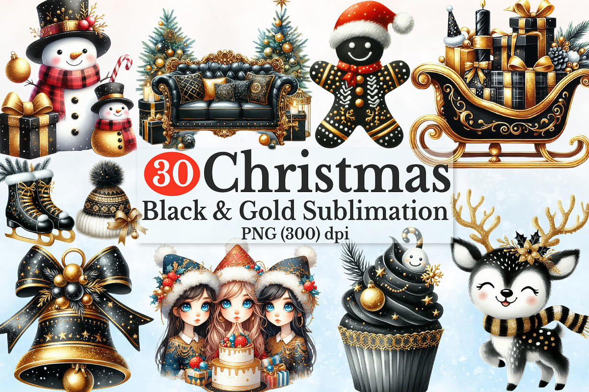 Watercolor Black & Gold Christmas C, a Seasonal Illustration by Rose Art (Photo 1 of 6)