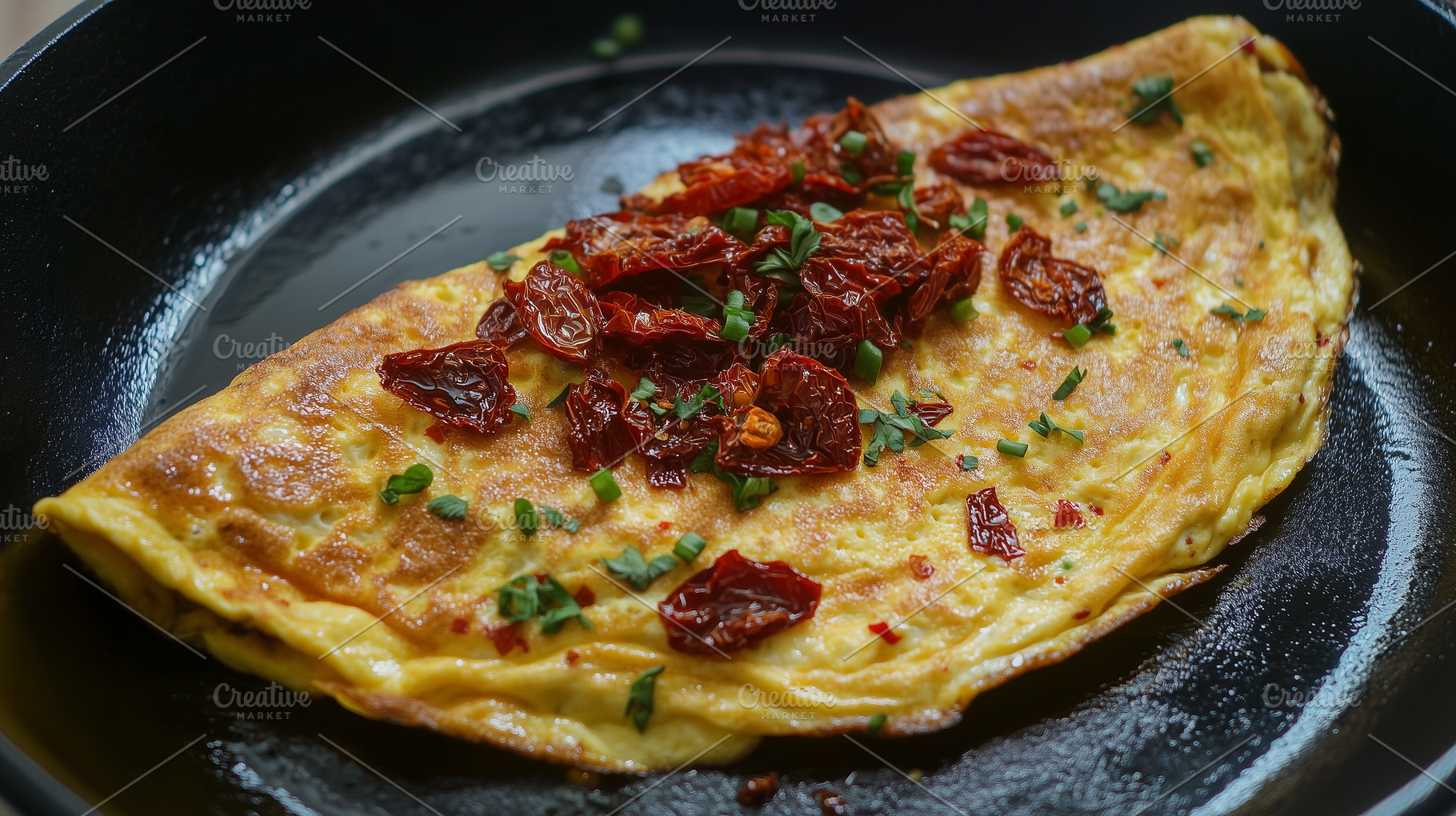 Golden omelet in a skillet, topped, a Food & Drink Photo by MistyDay